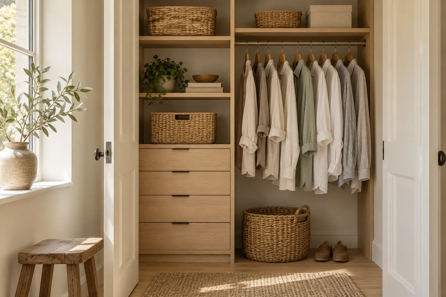 Compact oak closet with linen clothing and woven baskets