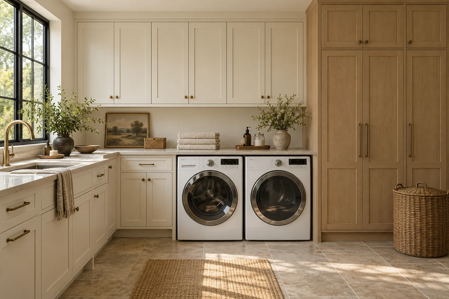 Ivory and oak laundry-room cabinetry design concept