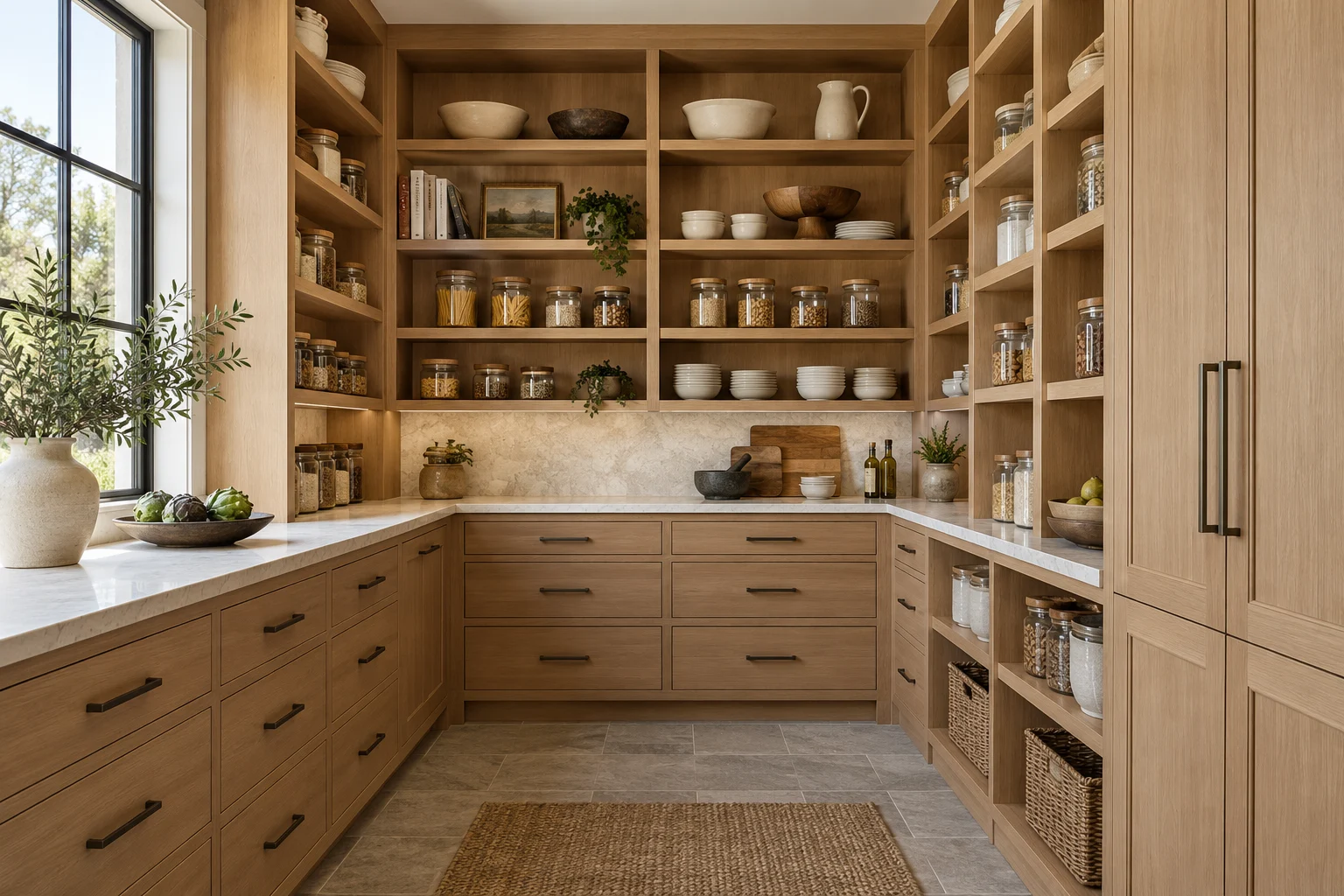 Oak pantry design concept with neatly organized shelves