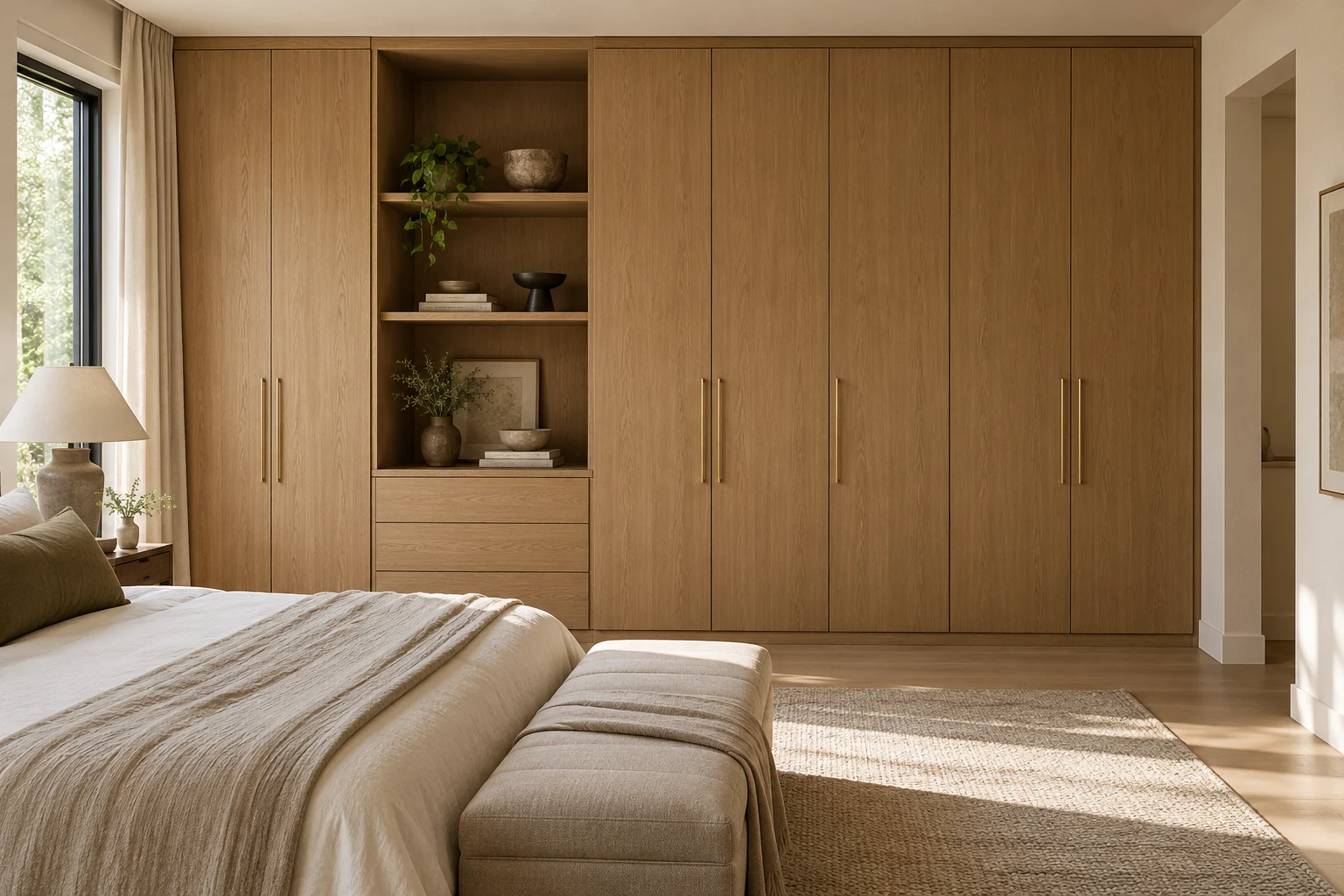 Full-height oak bedroom wardrobe design concept